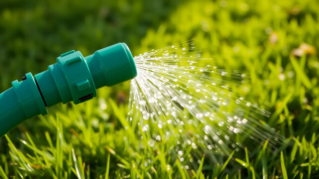 Green garden hose kinked, spraying water on sunlit grass.