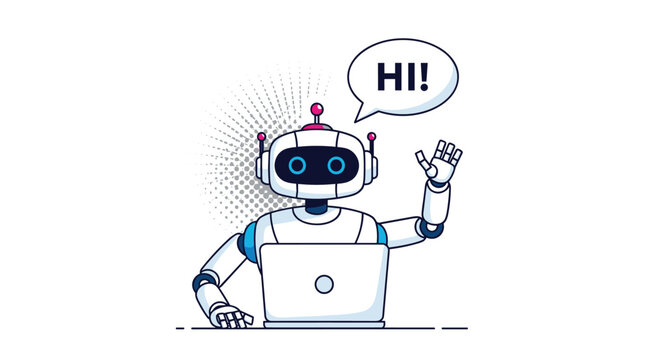 Friendly white robot mascot sitting at a laptop and waving while saying hi in a speech bubble on a white background.