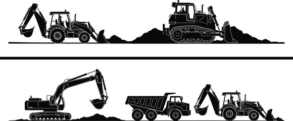 Black silhouette construction machinery set with excavator bulldozer dump truck and backhoe loader working on ground isolated on white background © Mou