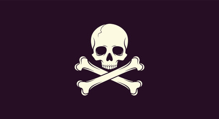 Jolly Roger pirate flag icon with white skull and crossbones on a dark purple or black background for danger.