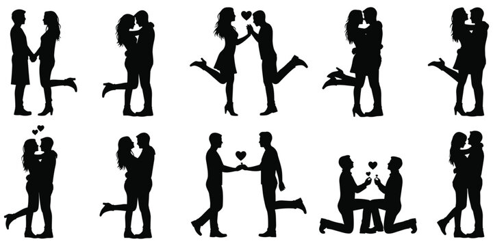 Romantic couple silhouette illustration, love relationship artwork, affection pose design tribute, emotional connection graphic, Valentine theme concept, heart symbol motif flat vector illustration