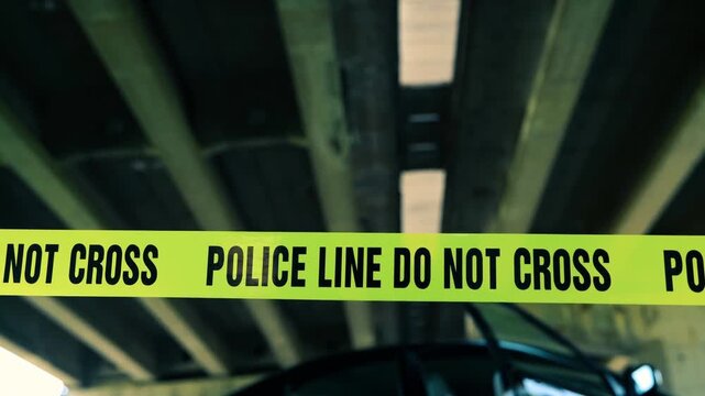 Police Line Do Not Cross police sirens in the background. caution tape with a police car.