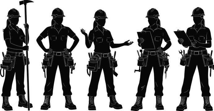 Black silhouette female construction workers set with women builders and industrial engineers wearing hard hats isolated on white background vector collection