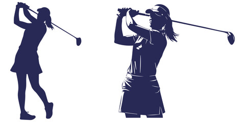 Woman golfer in full swing and putting stance, silhouette art eps 10 © Md