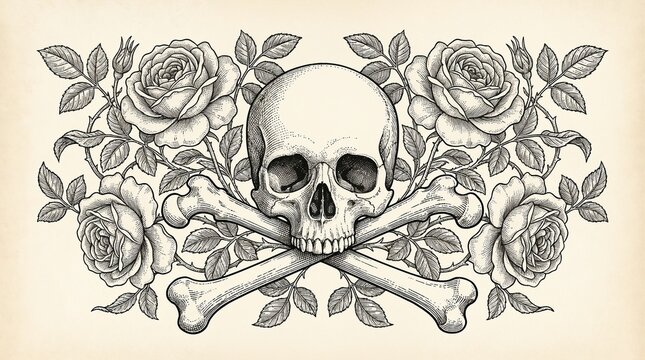 Skull and Crossbones with Roses in Intricate Black and White Silhouette