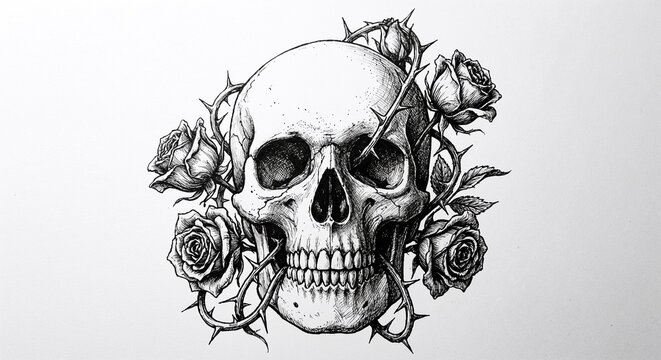 Detailed Skull with Roses and Thorns Black and White Artwork Silhouette