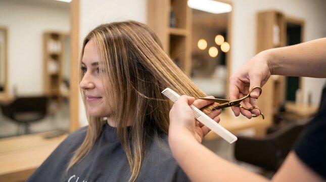 Professional Hairstylist Cutting Woman Long Blonde Hair with Gold Scissors and White Comb in Salon