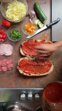 timelapse preparing food in the kitchen, using stale bread loaf making pizza with fresh ingredients
