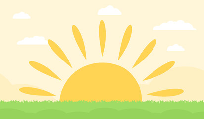 Fototapeta premium Flat illustration of sunrise with sun rays over green grass field and white clouds on yellow sky