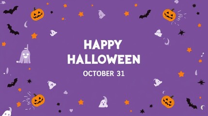 Naklejka premium Happy halloween with pumpkins and spooky decorations on purple background