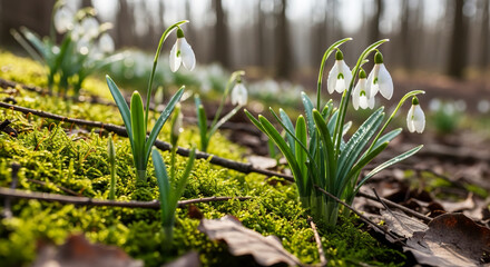 White snowdrops blooming in forest floor with green moss and fallen leaves under soft natural lighting