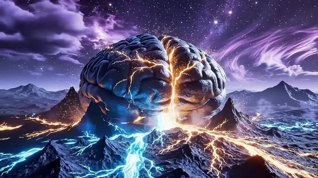 Giant human brain pulsing bright energy over dark fantasy landscape, fiery lava flows illuminating sharp rocks valley floor night. Concept high intelligence power imagination science fiction