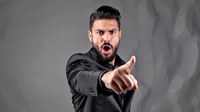 Powerful speaker stance. Intense speaker uses strong gestures to engage audience effectively. Bold orator emphasizes key points with expressive finger gestures against vivid dark background