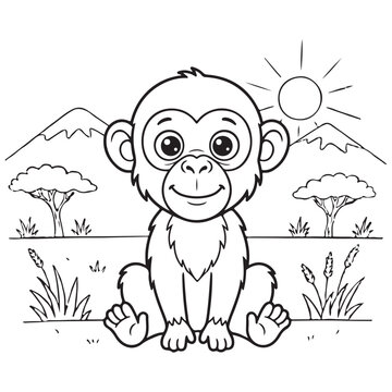 Cute baby monkey in the savanna outline illustration for coloring