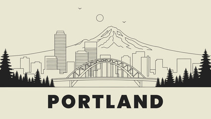 Portland Oregon city skyline silhouette vector with Fremont Bridge and Mount Hood.
