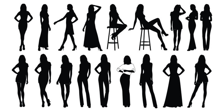 Flat vector illustration of diverse women silhouettes in fashion poses, stylish outfits, standing and sitting, modern design reference