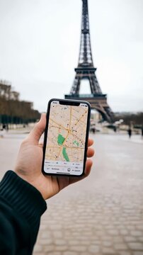 Tourist hand gripping smartphone displaying online map with iconic eiffel tower rising behind, representing seamless integration of digital navigation and travel experience in paris