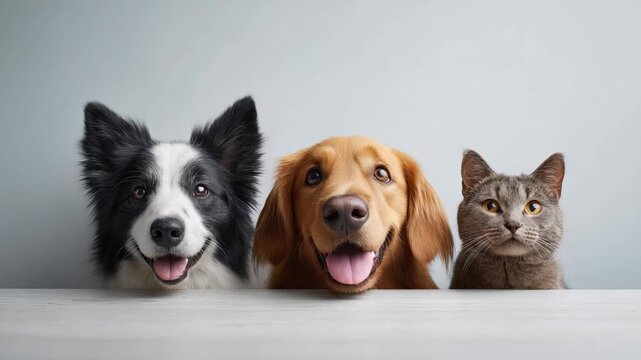 Two friendly dogs, a border collie and a golden retriever, sitting together with a skeptical tabby cat, posing for a group portrait and looking at the camera with varying expressions