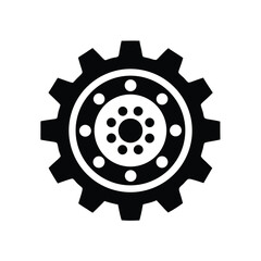 A gray gear has a magnifying glass symbol integrated over it in monochrome