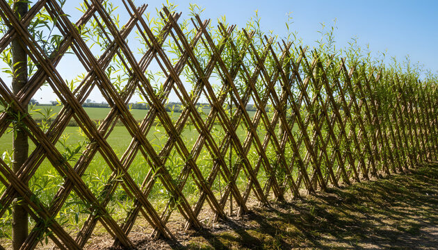 Woven Willow Fence Creating a Natural Barrier in a Verdant Field