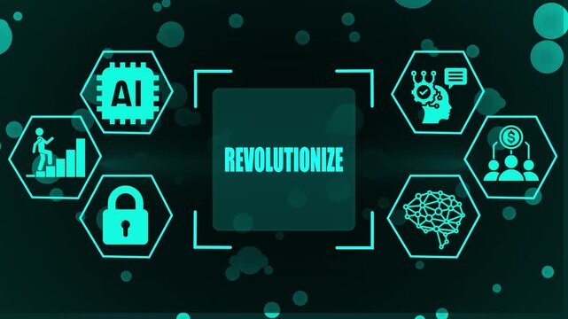 Teal digital infographic with central word REVOLUTIONIZE surrounded by hexagonal depicting AI chip growth chart padlock human head with gears