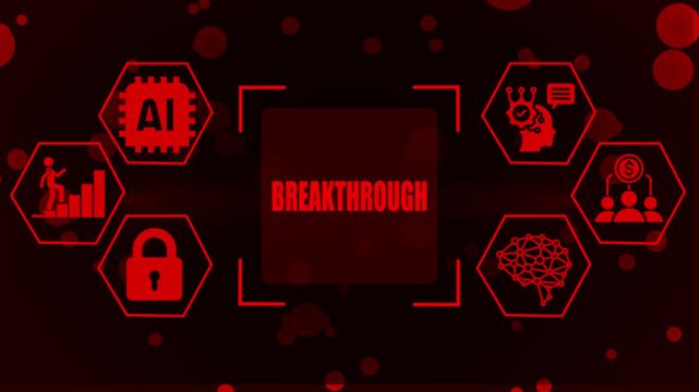 Red digital infographic with central word BREAKTHROUGH surrounded by hexagonal depicting AI chip growth chart padlock human head with gears and