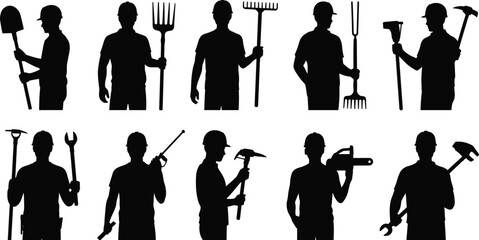 Construction and garden worker silhouettes set, professional laborers holding shovel rake hammer wrench chainsaw tools, black vector illustration isolated on white © Vector's World
