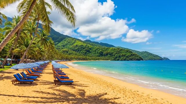 Idyllic tropical beach with turquoise ocean, lush palm trees, and comfortable lounge chairs under a bright blue sky, perfect for a relaxing vacation.
