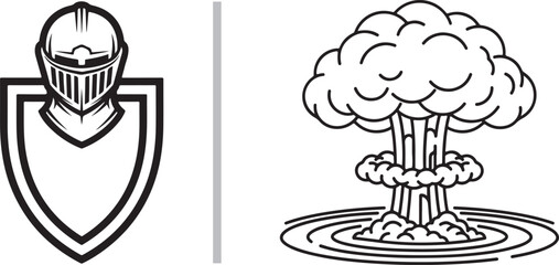 Naklejka premium A black and white vector set featuring a bold knight’s helmet centered on a shield outline, paired with a detailed line-art mushroom cloud explosion rising from concentric shockwaves.