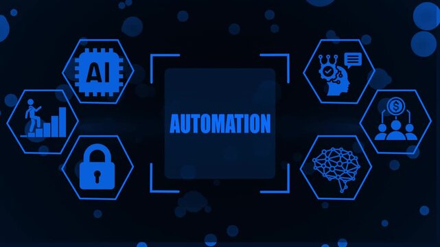 Blue digital concept of automation with AI technology security growth and teamwork in a dark hexagonal grid on a bokeh background