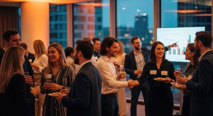 Fototapeta premium A group of professionals networking in a corporate setting with a cityscape view in the background.