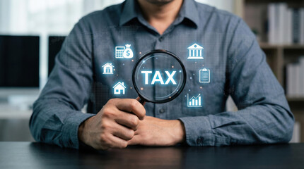 Tax planning corporate strategy concept magnifying glass over finance icon