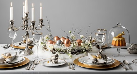 Fototapeta premium Elegant easter dinner table setting with decorative elements and fine china
