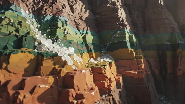 Layered rock formations beneath a sunlit sky revealing colorful sedimentary strata