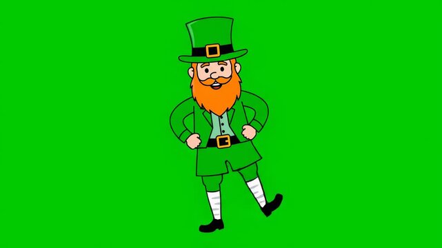 A dancing cartoon leprechaun on green screen for chroma key animation in st patrick's day videos