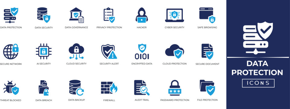 Data protection solid icon set. Featuring cybersecurity, cloud security, firewall, AI security, data security, privacy protection, encryption, and more icons. Solid icon collection.