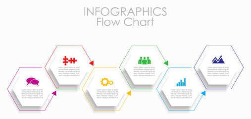 Naklejka premium Modern infographic flow chart with colorful hexagons, arrows, and icons for business process visualization. Vector illustration.
