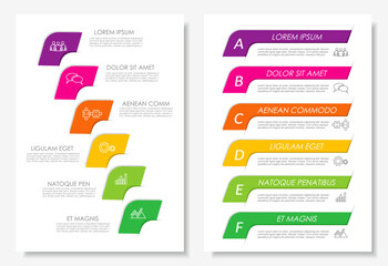 Dual infographic layouts with numbered steps, icons, text for business, planning, or presentation purposes. Vector illustration.