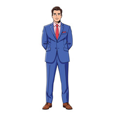 Obraz premium Full body shot of a man in a blue suit with a red tie, hands behind his back