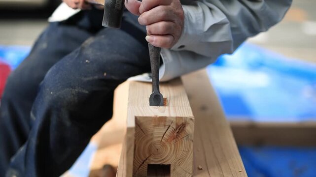 Carpenter Cutting Mortise Joint with Chisel in Woodworking Workshop
