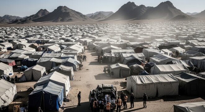 Refugee Camp with Tents and Mountains.