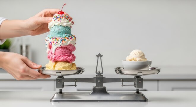 A person balances a multi-layered ice cream sundae on one side of a scale, with a single scoop of ice cream on the other side.