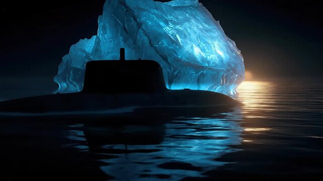Arctic iceberg floats with hidden danger below concept. Submarine near glowing blue iceberg at night on calm ocean water with sunset reflection