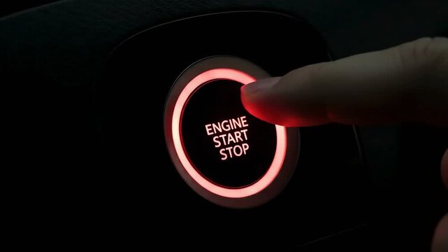 A person's finger activates the glowing red engine start stop button in a vehicle.