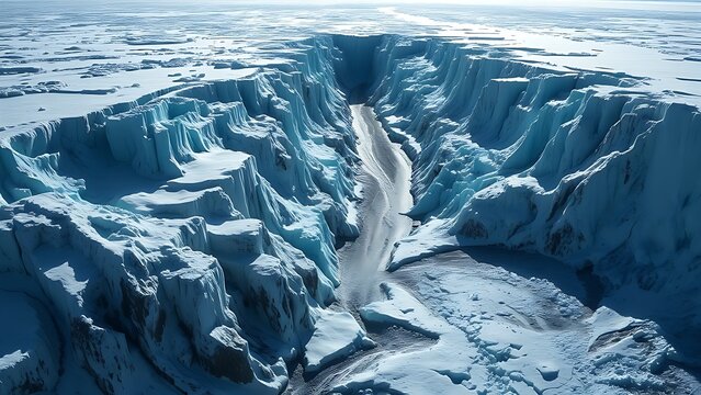 monopole. A vast glacier with a deep, dark crevasse splitting its surface, cold blue and white tones. travel magazines, destination branding, designed for outdoor magazines and nature guides.