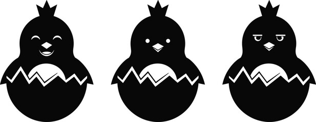 Cute crowned chick hatching from egg vector illustration set, cartoon baby bird black silhouette isolated design © Mamun