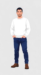 Naklejka premium Man wearing white sweater and blue jeans.