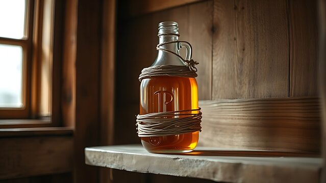 demijohn. Glass demijohn with wicker wrapping on wooden shelf, containing amber liquid in natural light. bar promotions, beverage menus, designed for food & beverage menus and cafe branding.