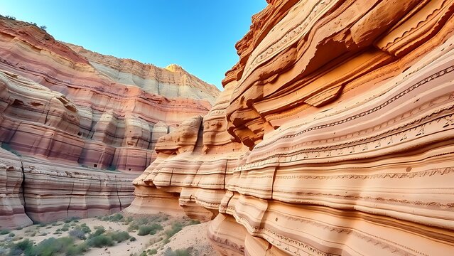 tonalite. Stepped rock layers in a canyon wall, desert landscape. travel magazines, destination branding, wall prints, designed for outdoor magazines and nature guides, used by graphic designers.