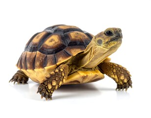 Obraz premium A brown tortoise with a patterned shell on a glossy white surface, facing the viewer